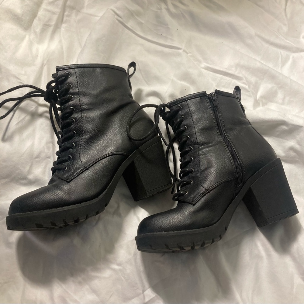 Chunky heel black boot lace zip moto ankle booties
